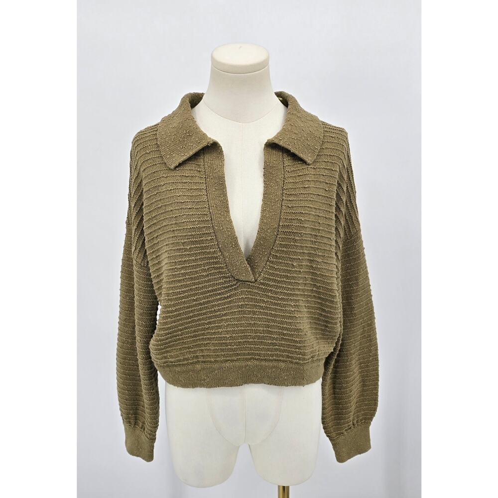 Free People Beach “Carter” Collared V-Neck Polo Sweater – Dark Olive – Size XS